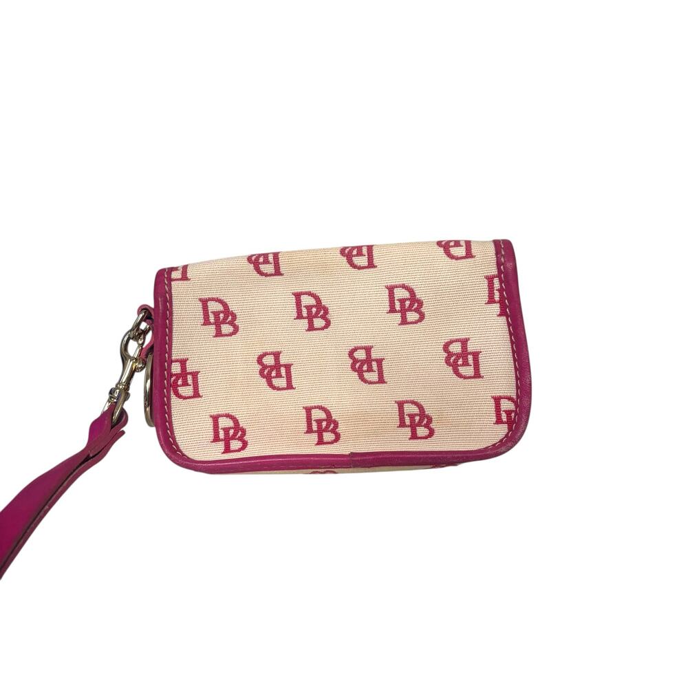 Dooney & Bourke Cream Logo Canvas Wristlet Pouch Pink Leather Trim Snap Wallet - Picture 2 of 12
